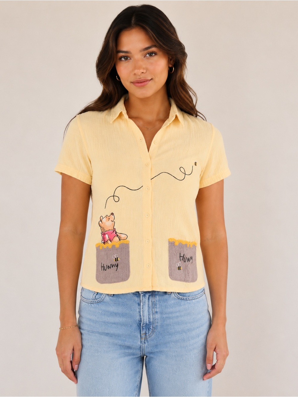 ‼️New‼️Disney Butter Yellow Winnie the Pooh Button-Up Shirt (Sz Large)